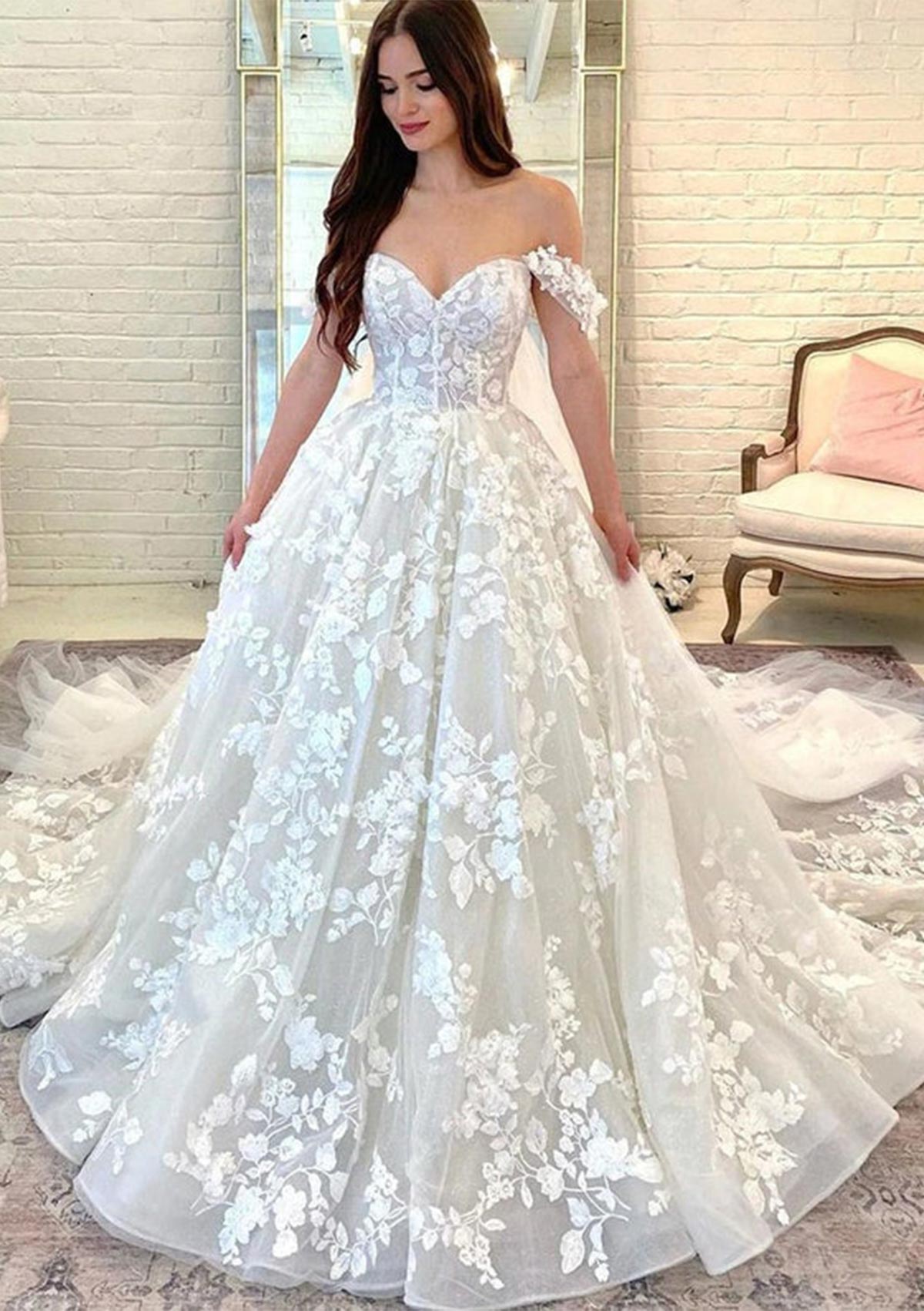 Ivory Ball Gown Off-the-Shoulder Sleeveless Chapel Train Tulle Wedding Dress with Appliqued - STACEES