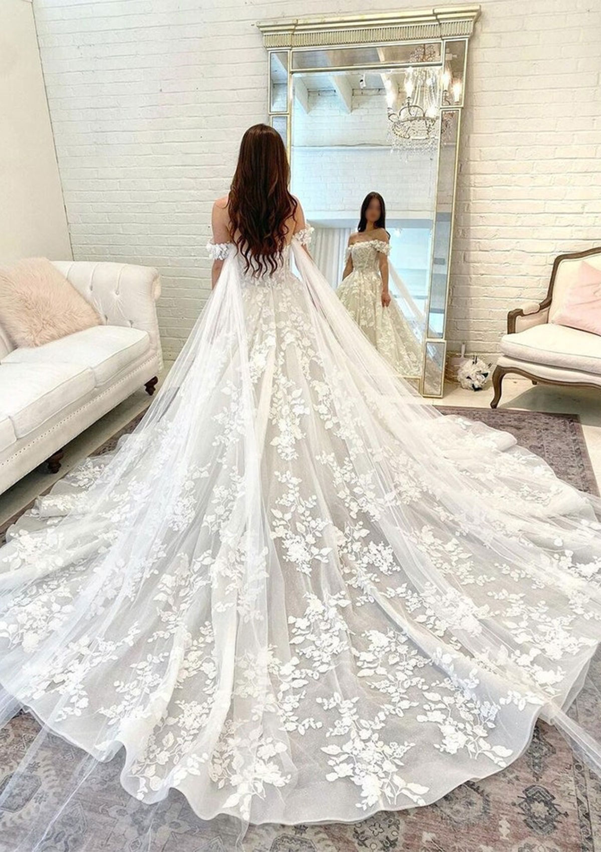 Ivory Ball Gown Off-the-Shoulder Sleeveless Chapel Train Tulle Wedding Dress with Appliqued - STACEES