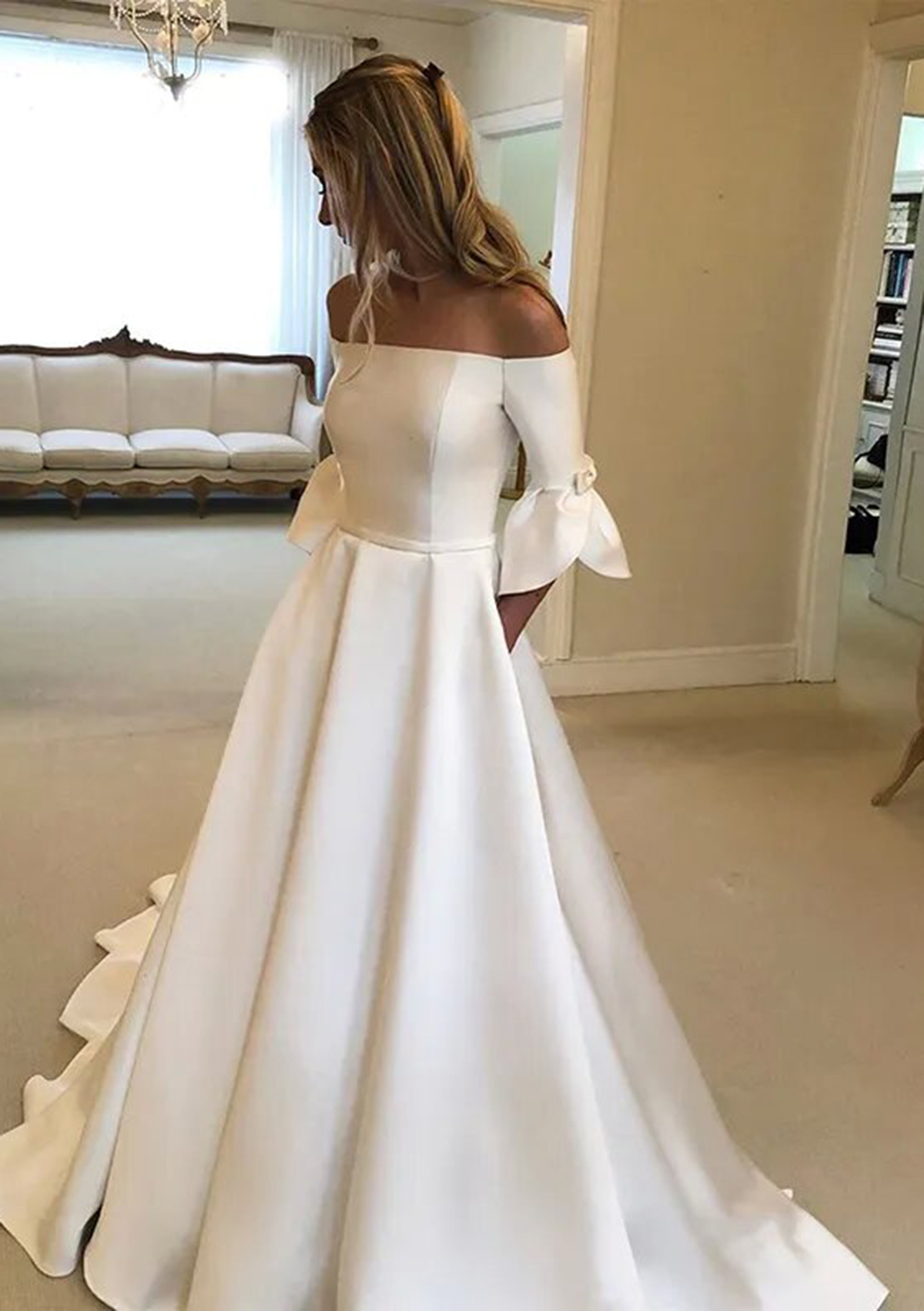 Ivory Princess A-line Off-the-Shoulder Chapel Train Satin Wedding Dress with Bowknot - STACEES