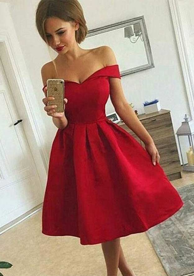 knee length graduation dresses White Simple Satin Off Shoulder Party Dress, Dr Step into elegance with our A A-Line Knee Length Chiffon Graduation