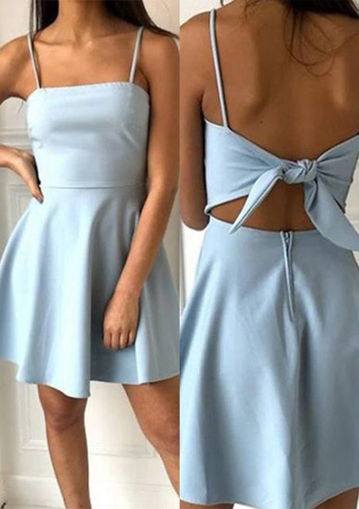 Sky Blue A-line Square Neckline Sleeveless Short/Mini Elastic Satin Homecoming Dress with Bowknot