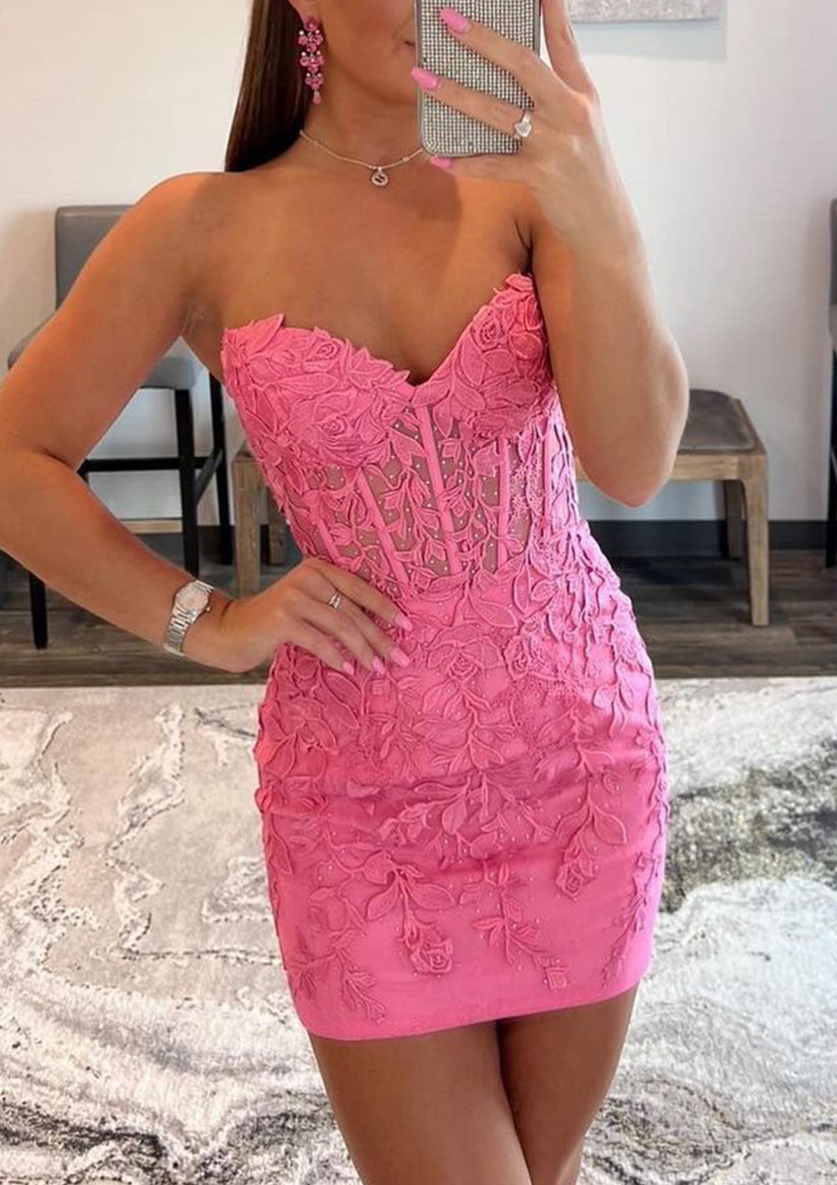 Fuchsia Beaded Sweetheart Lace Short Homecoming Dress - STACEES