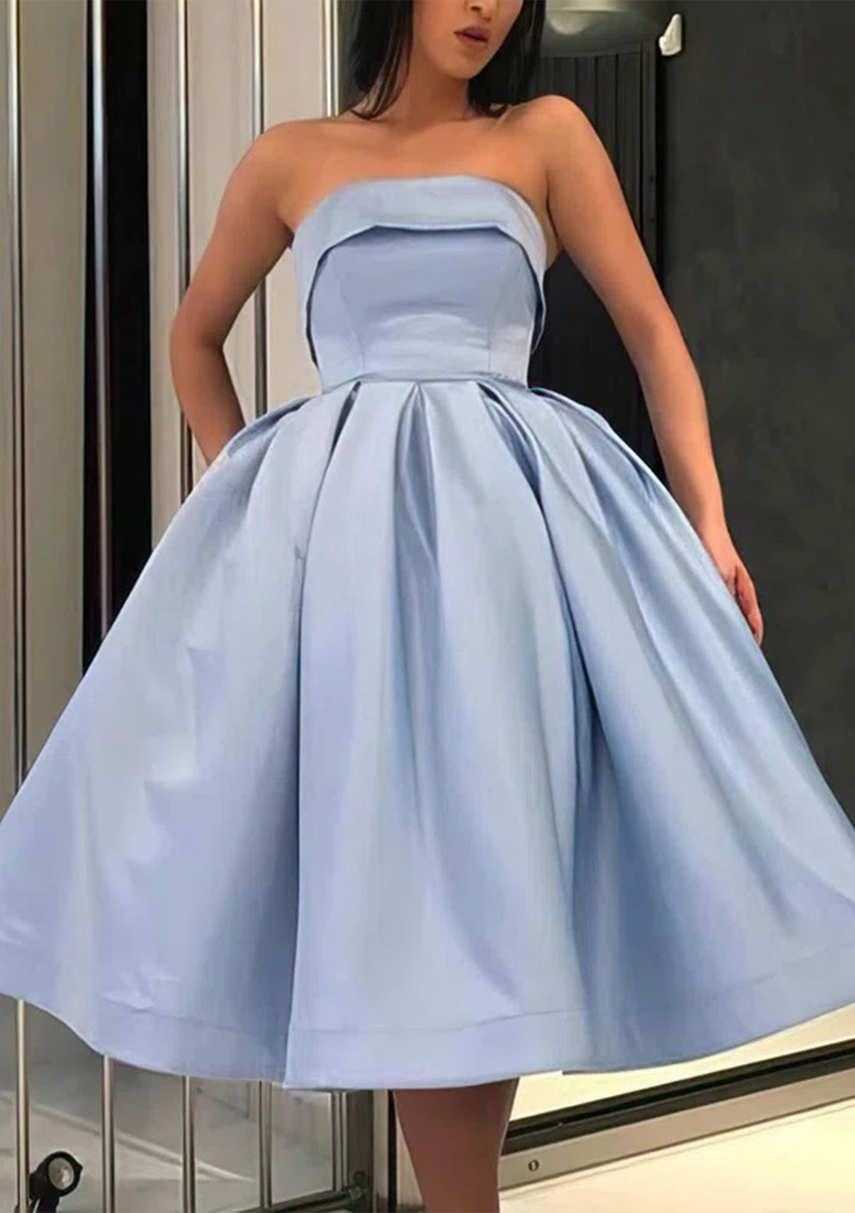 As Picture A-line Princess Cowl Neck Sleeveless Tea-Length Satin Homecoming Dress - STACEES