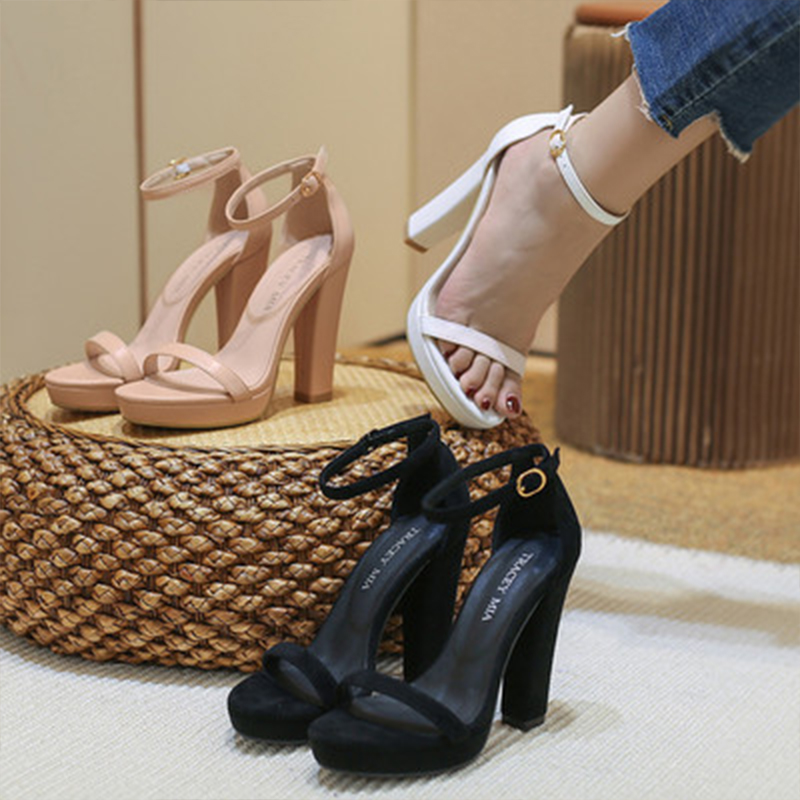 Black Peep Toe Platform Sandals Leatherette with Buckle Ankle Strap Outdoor Shoes - STACEES