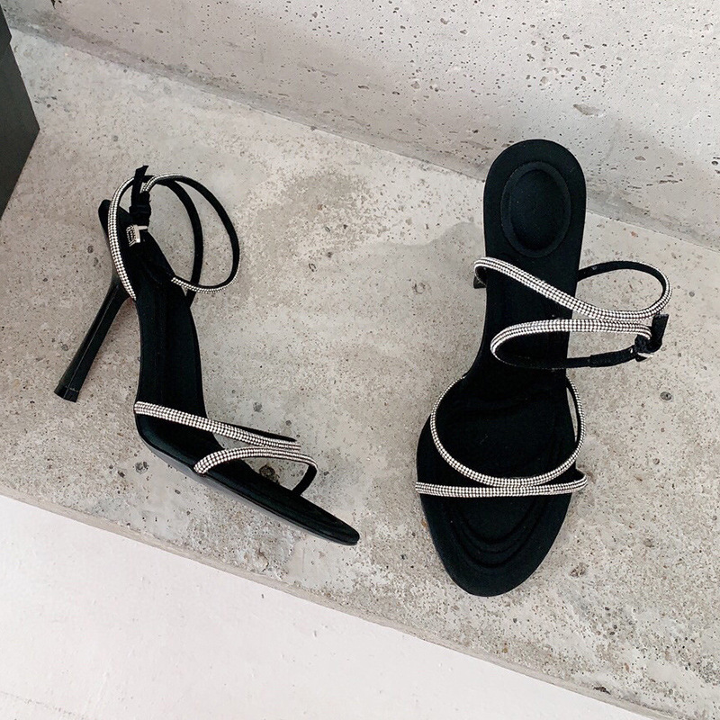 Black Peep Toe Sandals SlingBacks PU with Crystal Buckle Ankle Strap Stiletto Heel Shoes - STACEES