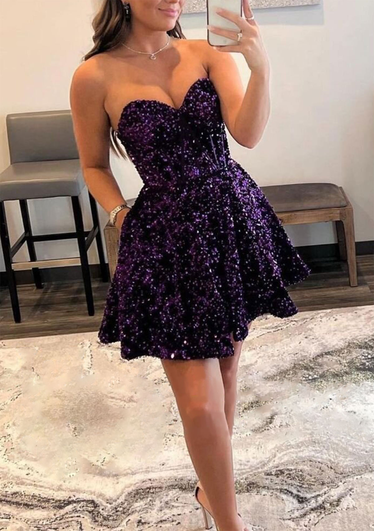 Grape A-line Sweetheart Sleeveless Short/Mini Velvet Sequins Homecoming Dress with Pockets