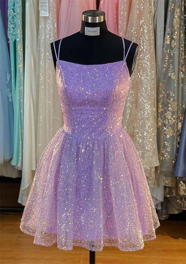 A-line Square Neckline Sleeveless Short/Mini Tulle Homecoming Dress with Sequins