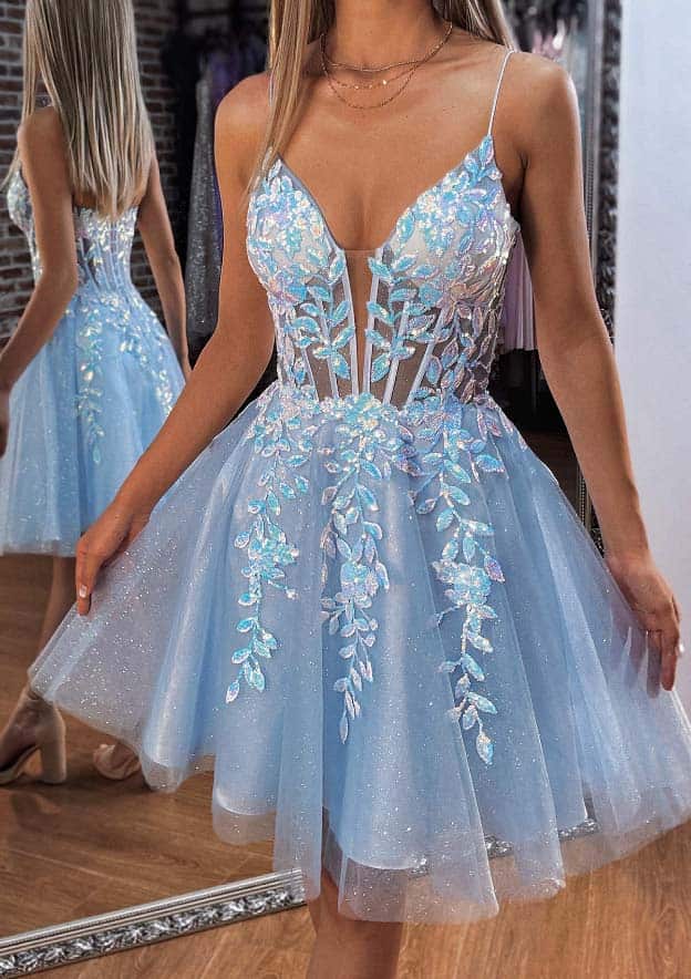 A-line V Neck Short/Mini Lace Homecoming Dress with Sequins Glitter