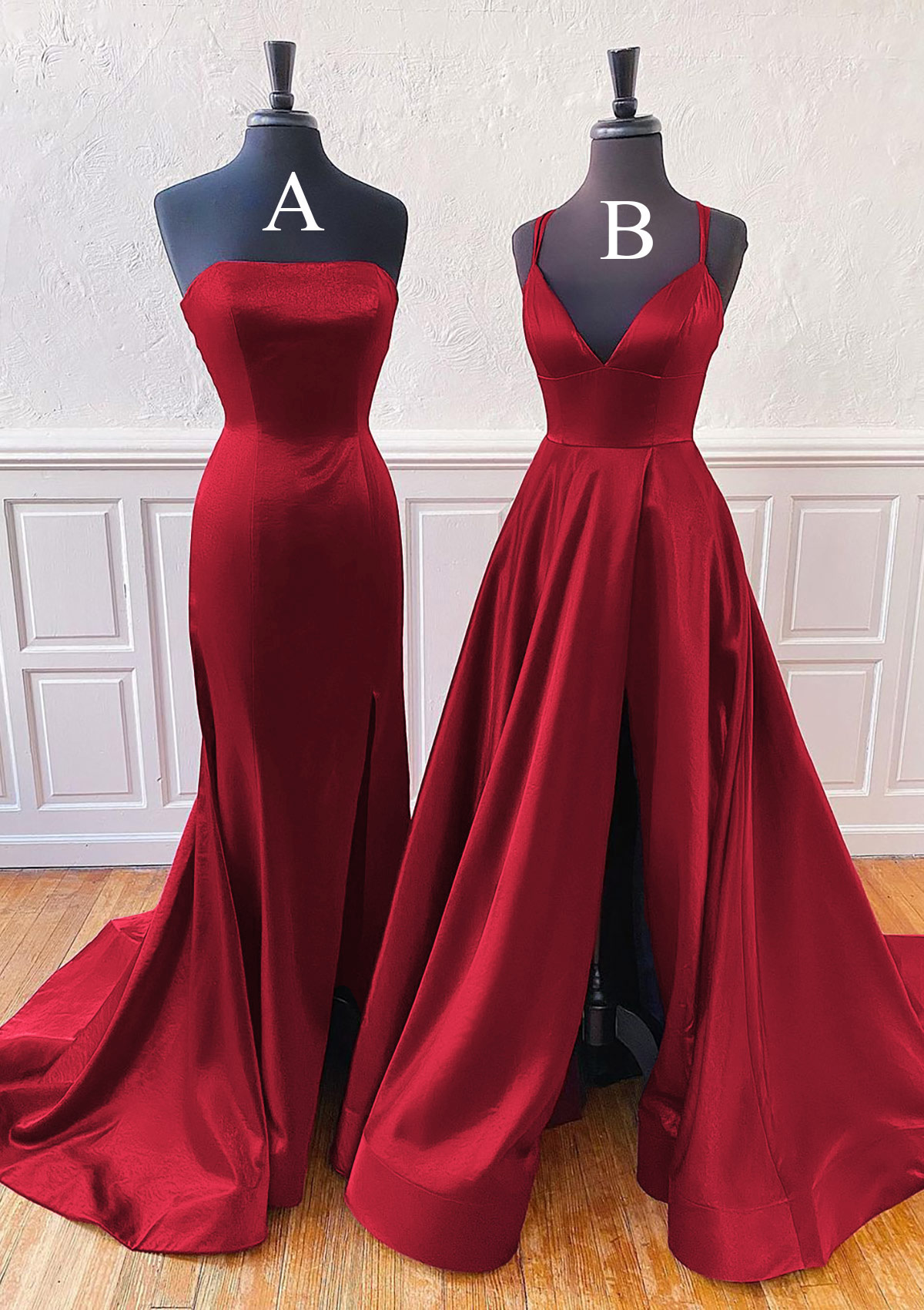Burgundy A-line Trumpet/Mermaid Sleeveless Sweep Train Satin Prom Dress With Split - STACEES