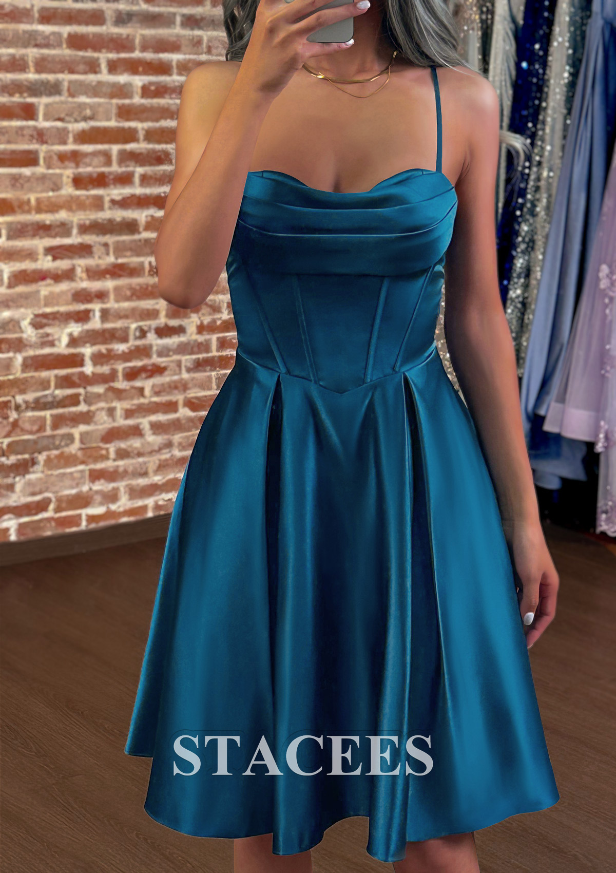Como en la foto Vestido línea a escote drapeado satén hasta la rodilla vestido para homecoming - STACEES