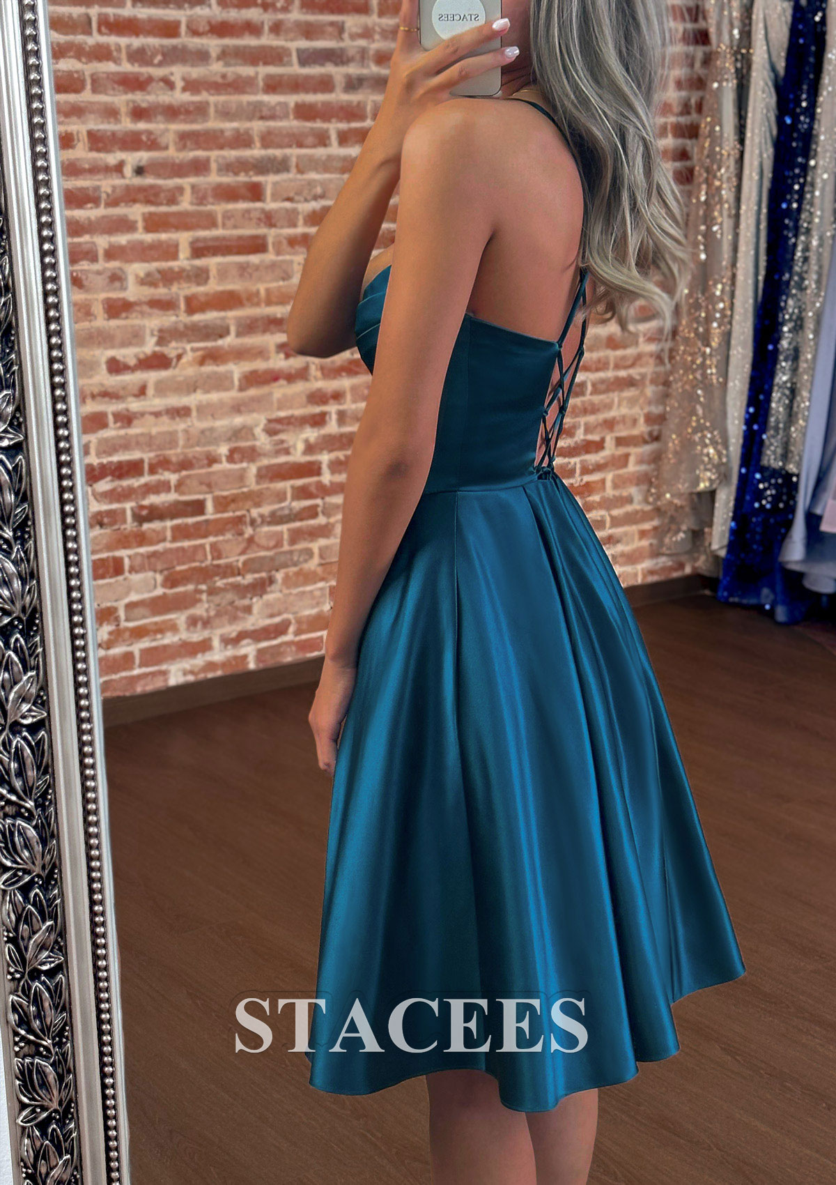 cowl neck knee length dress A-line Sleeveless Knee-Length Satin Homecoming with Pleated Pockets Midi dress
