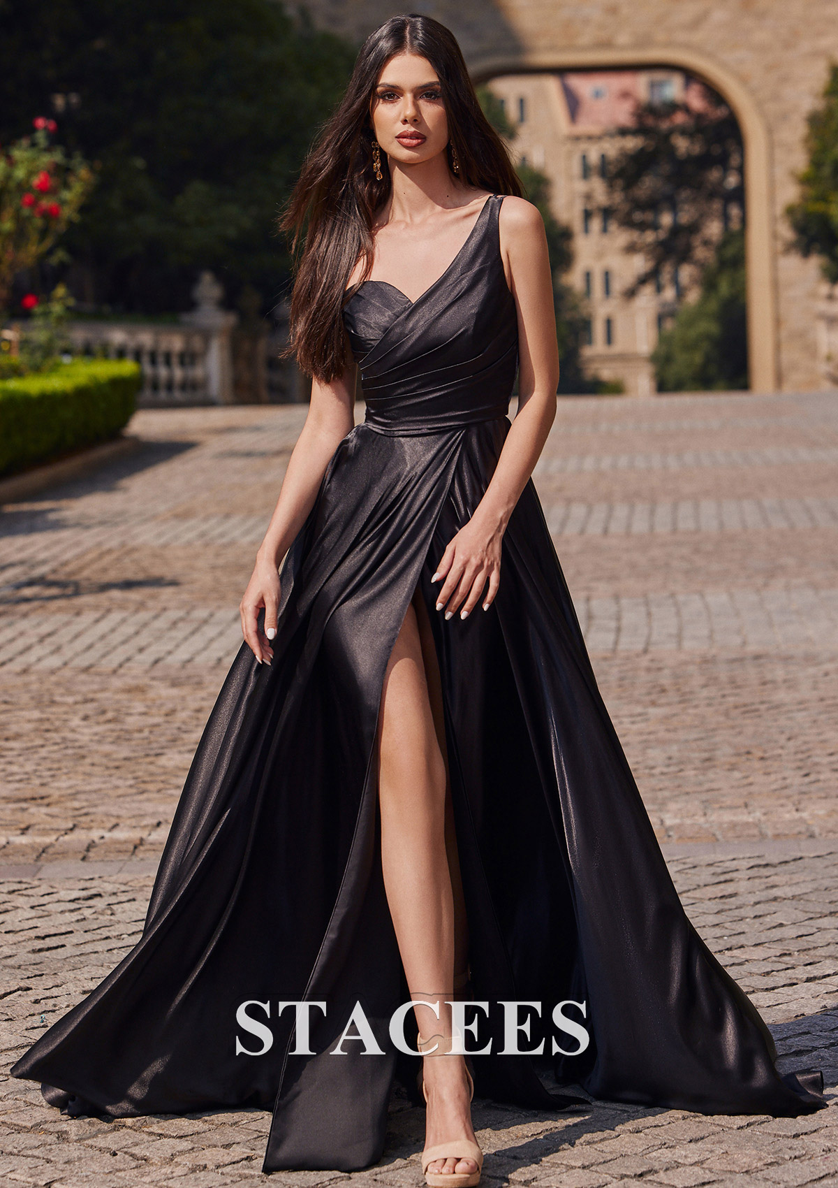 A-line One-Shoulder Sleeveless Sweep Train Charmeuse Prom Dress