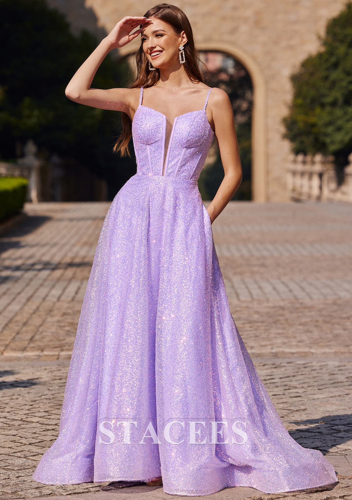 Lilac A-line Princess V Neck Sweep Train Sequined Prom Dress - STACEES