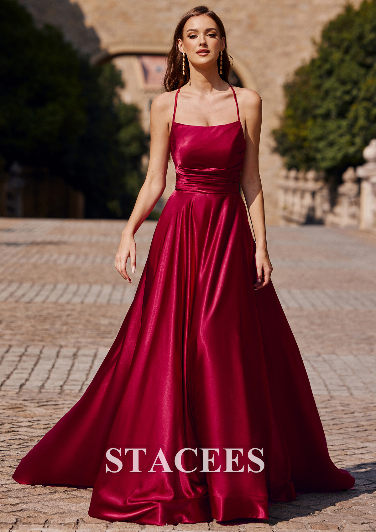 a line square neck prom dress Stacees 2026 Leg Slit Sweep Train Prom Dress A-line Square Neckline