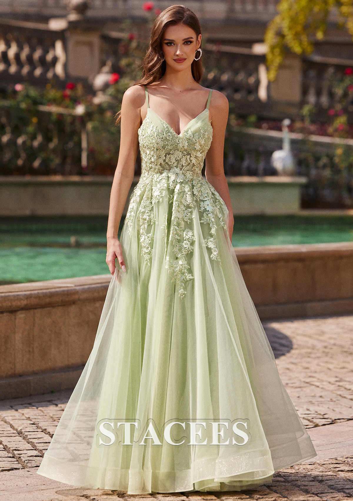 Sage A-line V Neck Sleeveless Floor-Length Tulle Prom Dress with Appliqued - STACEES
