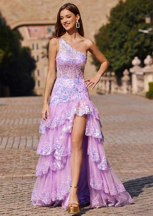 A-line One-Shoulder Court Train Sequined Prom Dress with Ruffles Split