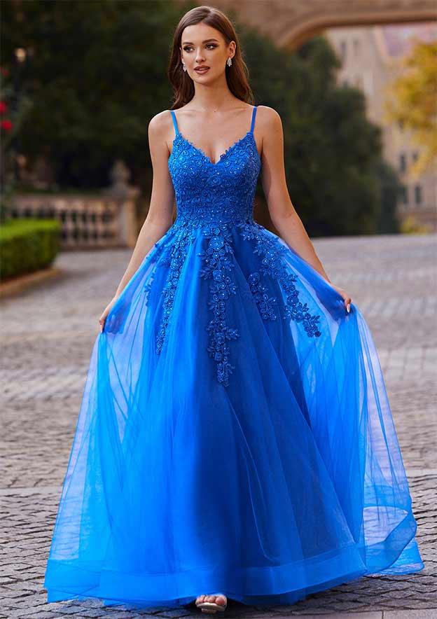 A-line Princess V Neck Sweep Train Tulle Prom Dress with Appliqued Beading
