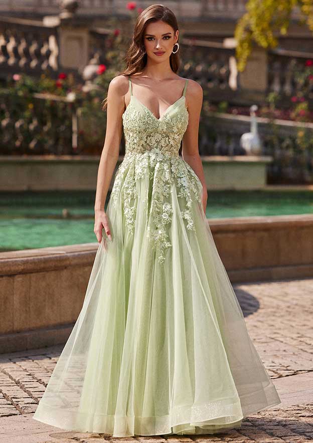 A-line V Neck Sleeveless Floor-Length Tulle Prom Dress with Appliqued