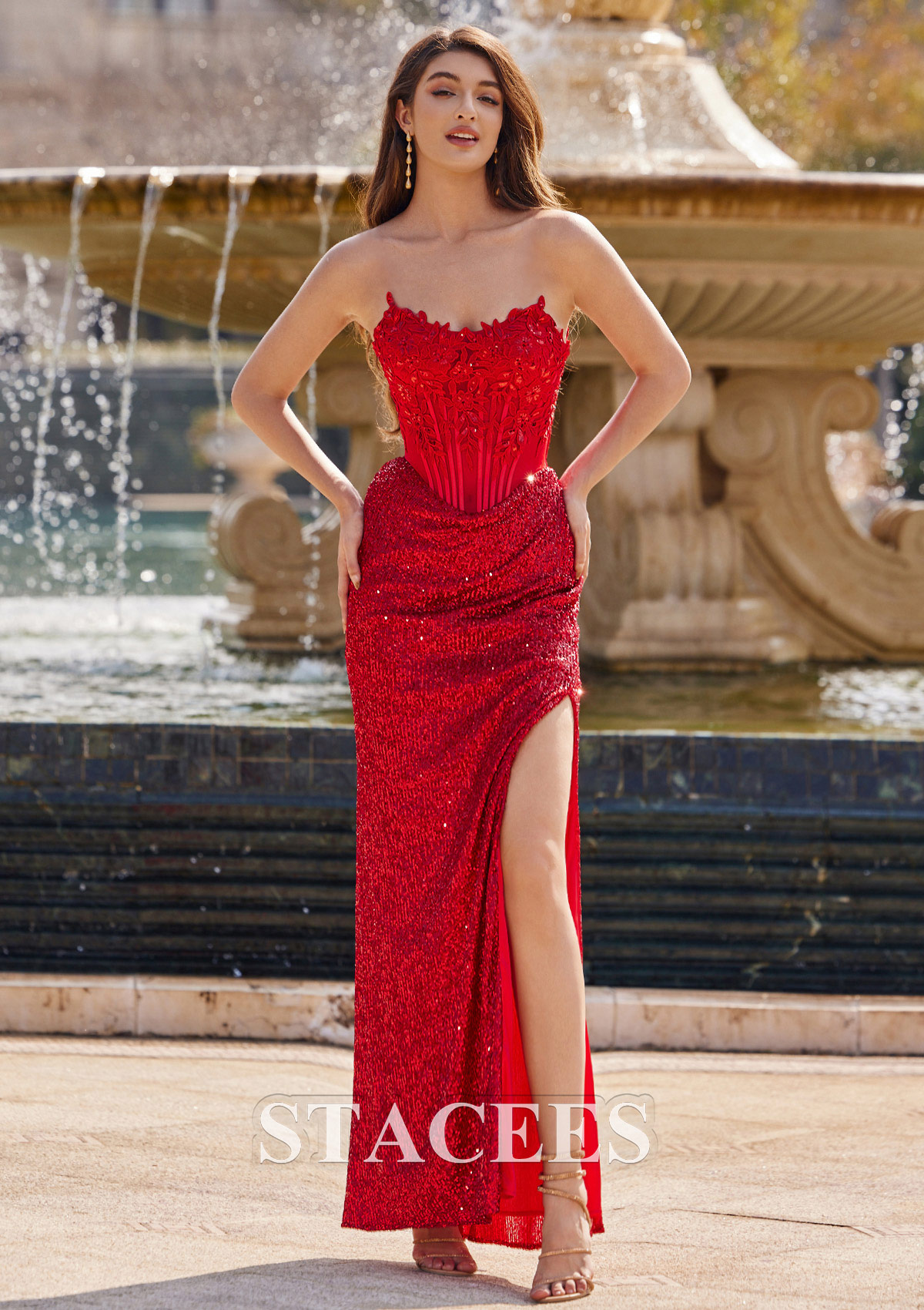 Rouge Fourreau cache coeur paillettes ras du sol robe de bal - STACEES