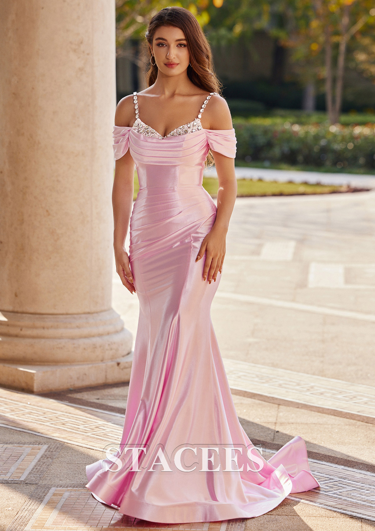 Blushing Pink Trumpet/Mermaid Cowl Neck Sweep Train Silk like Satin Prom Dress with Beading Pleated - STACEES