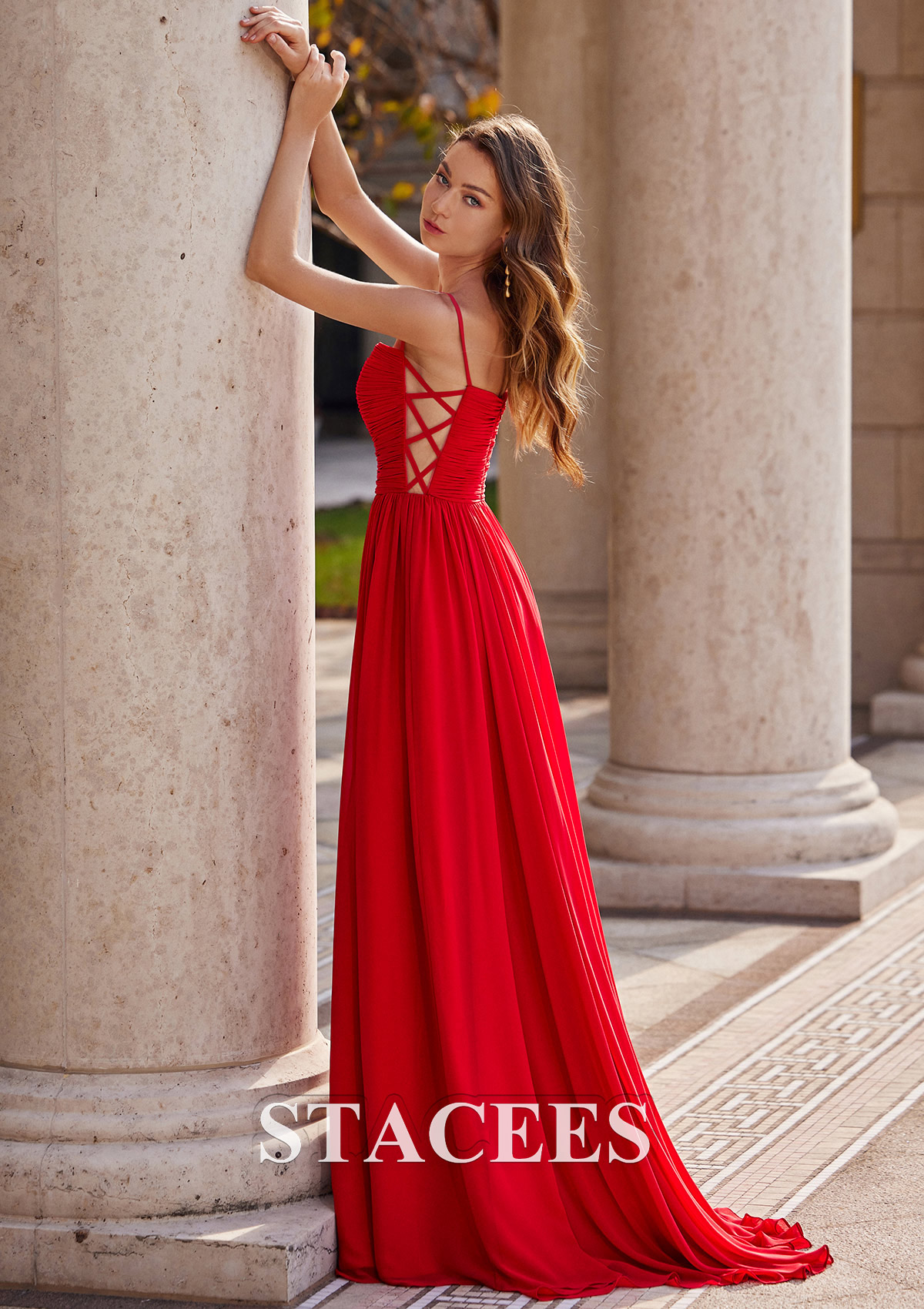 Red A-line Square Neckline Sleeveless Sweep Train Chiffon Prom Dress with Pleated Split - STACEES