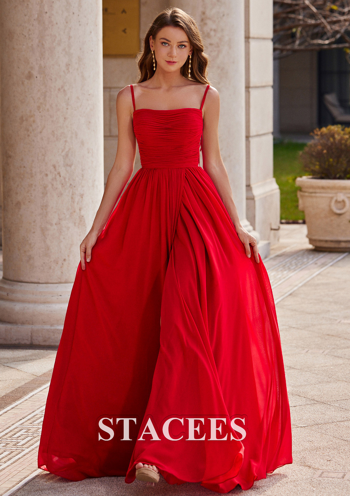 Red A-line Square Neckline Sleeveless Sweep Train Chiffon Prom Dress with Pleated Split - STACEES