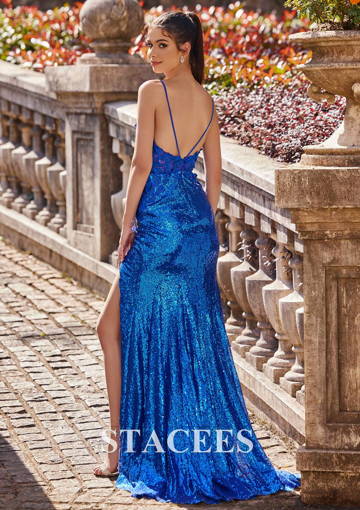 Royal Blue Sheath/Column V Neck Sleeveless Sweep Train Sequined Prom Dress with Flowers Split - STACEES
