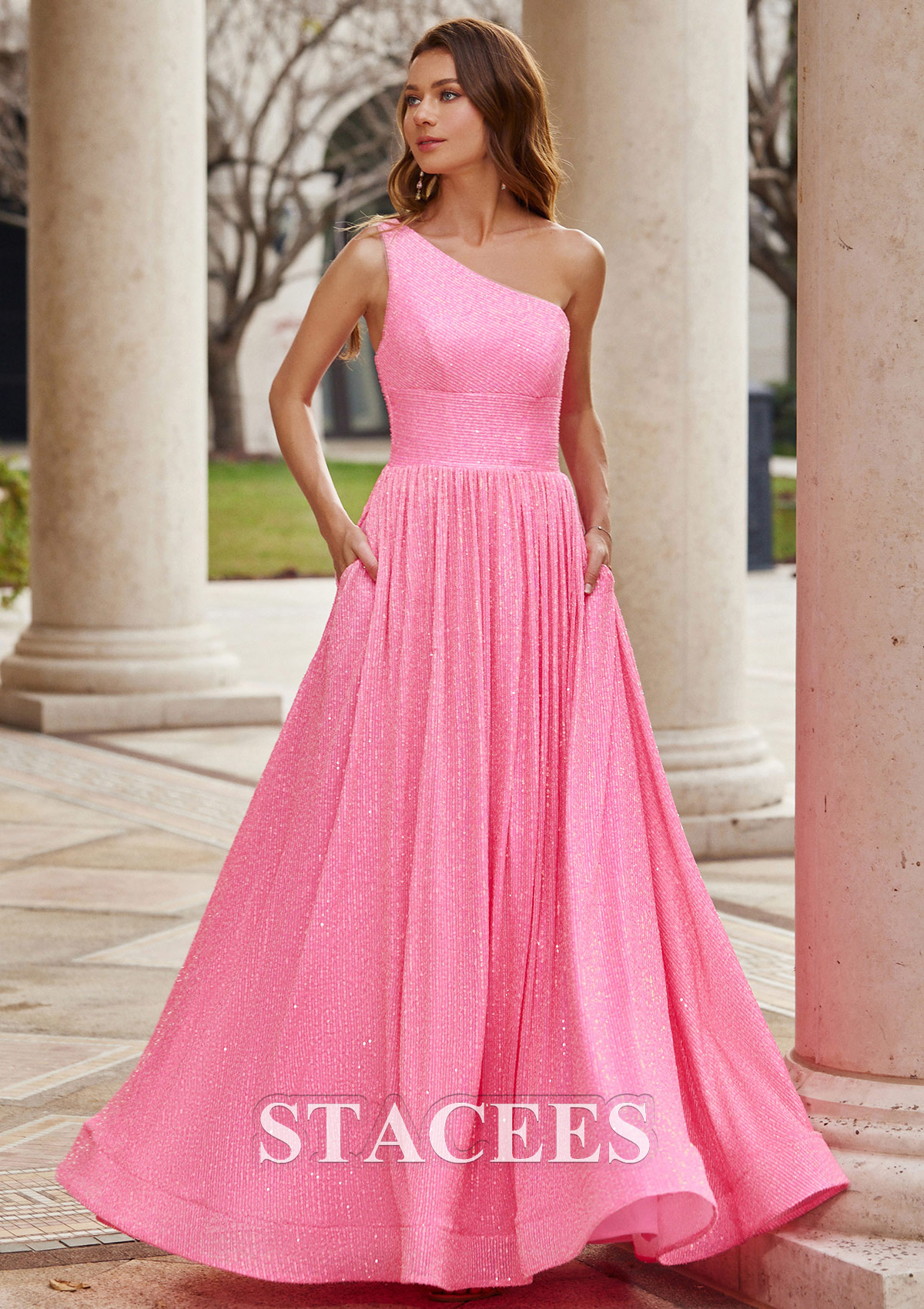 Hot Pink A-line One-Shoulder Floor-Length Sequined Prom Dress with Pockets - STACEES