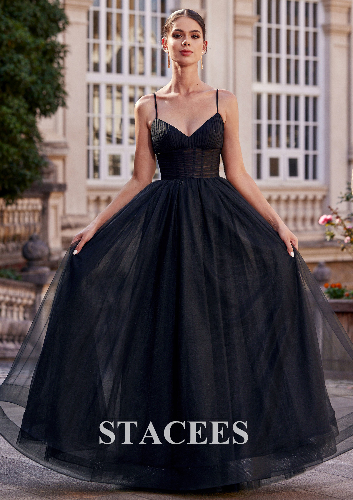 Black A-line V Neck Sleeveless Floor-Length Tulle Prom Dress with Pleated - STACEES