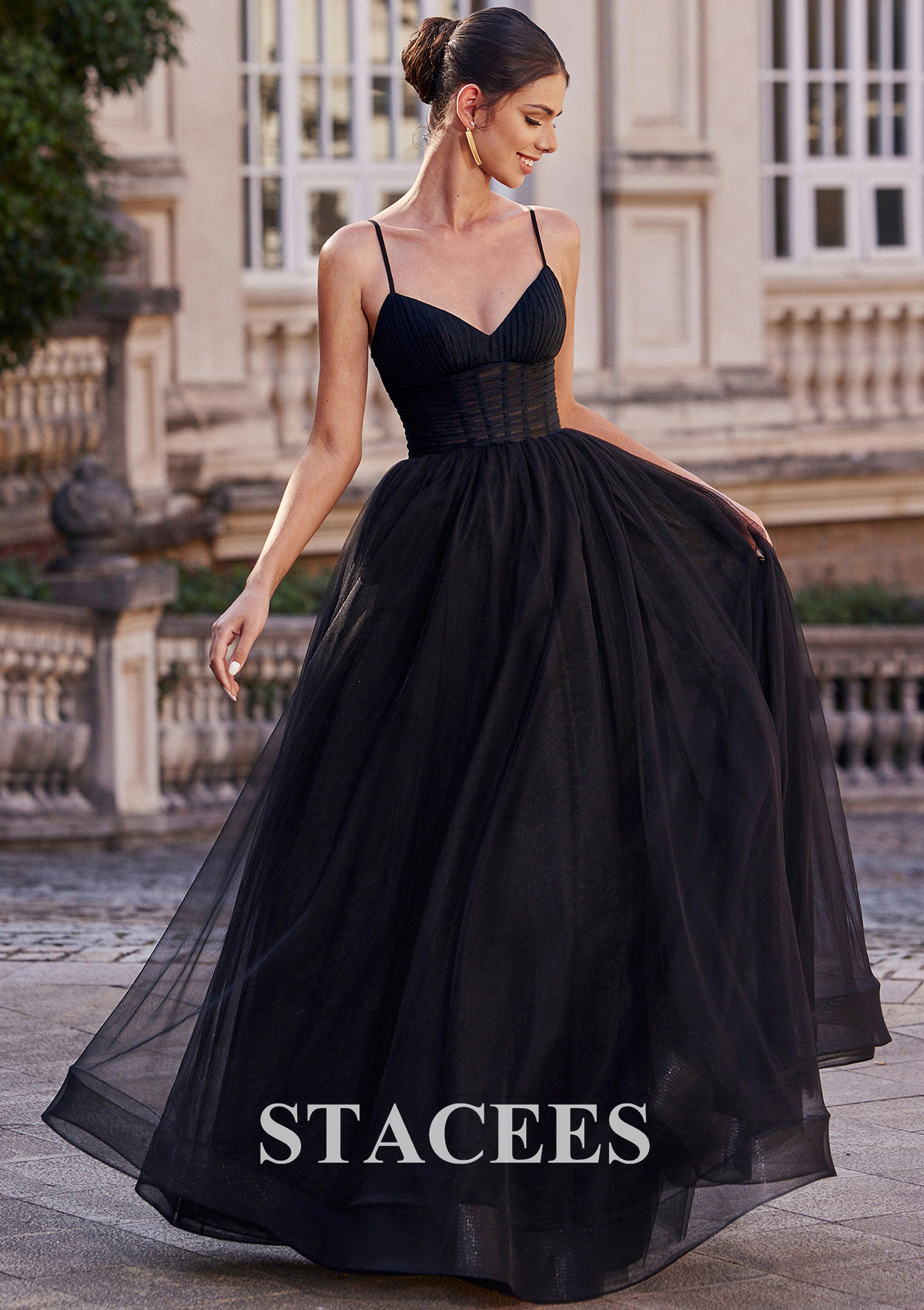 Black A-line V Neck Sleeveless Floor-Length Tulle Prom Dress with Pleated - STACEES
