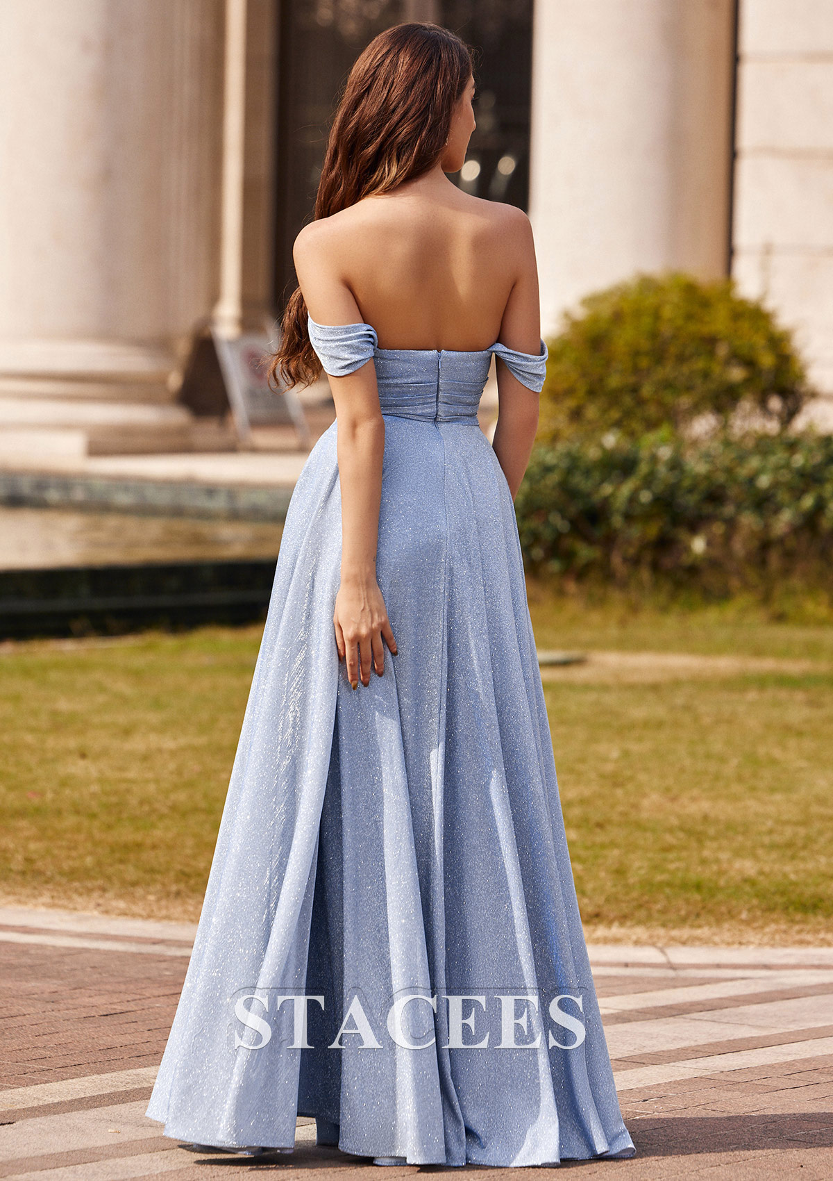 Bleu Poudré Trapèze épaule dénudée tricoté ras du sol robe de bal
