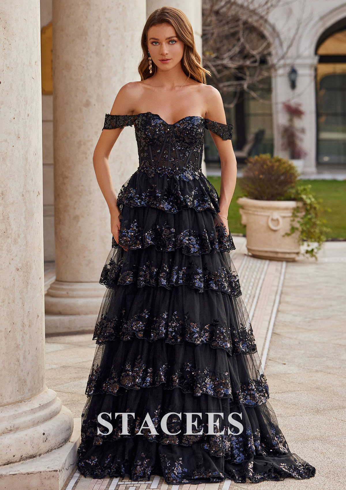 a-line off-the-shoulder sweep train chiffon prom dresses with lace sequins Stacees 2026 RuffledTulle Sequin A-Line Prom Dress Off the Shoulder