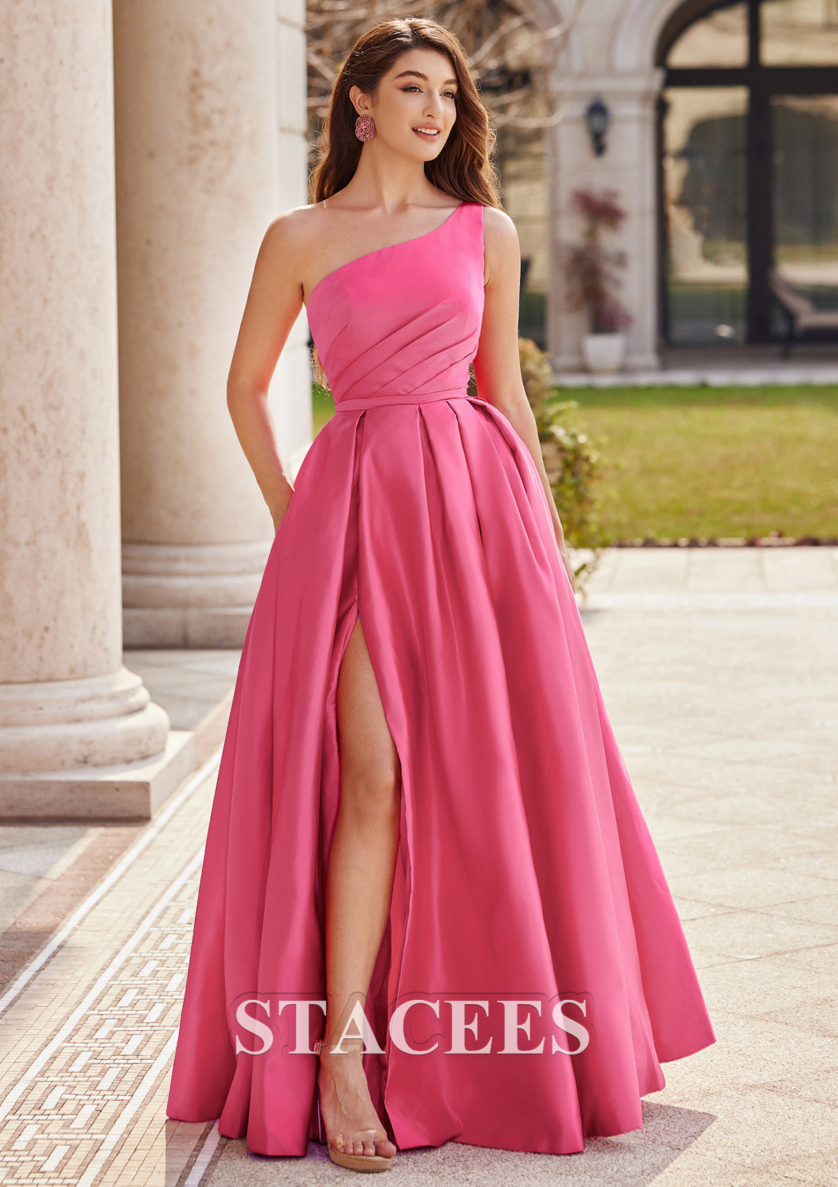 one shoulder long dress formal A-line One-Shoulder Sleeveless Floor-Length Satin Prom Dress with Pleated  Pockets Split S7650P - Prom Dresses