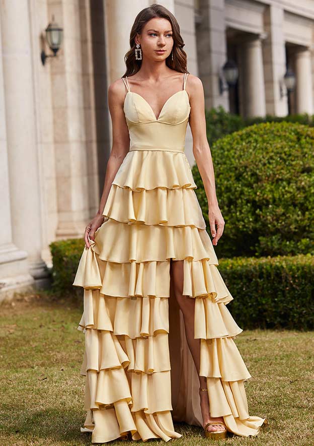 A-line Princess V Neck Sweep Train Stretch Satin Prom Dress with Ruffles Split