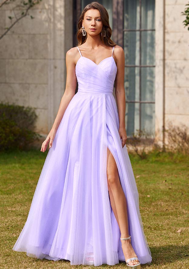 A-line V Neck Floor-Length Tulle Prom Dress with Pleated Split Glitter