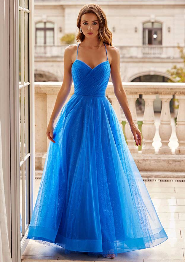 A-line Princess V Neck Floor-Length Tulle Prom Dress with Glitter Pleated
