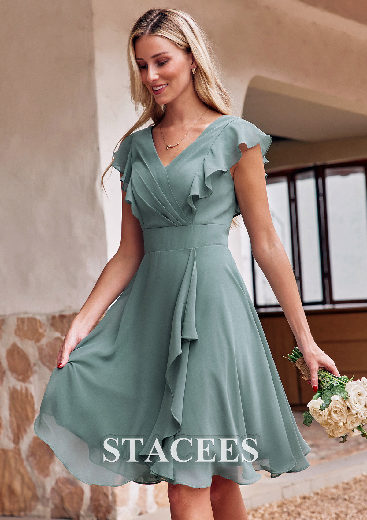 chiffon bridesmaid dresses knee length Stacees Bridesmaid Dress A-line Halter Chiffon Knee-Length Pleated