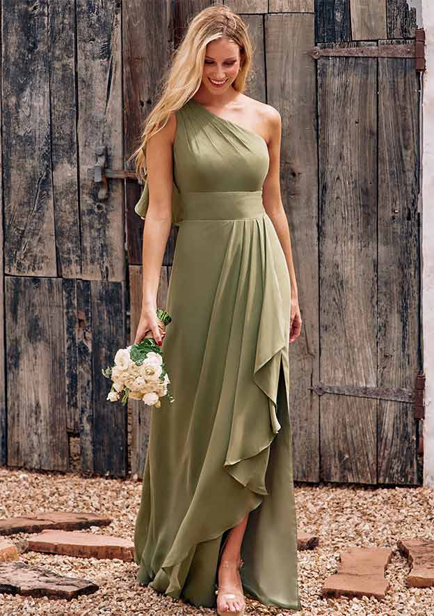 A-line One-Shoulder Sleeveless Floor-Length Chiffon Bridesmaid Dress with Pleated Ruffles