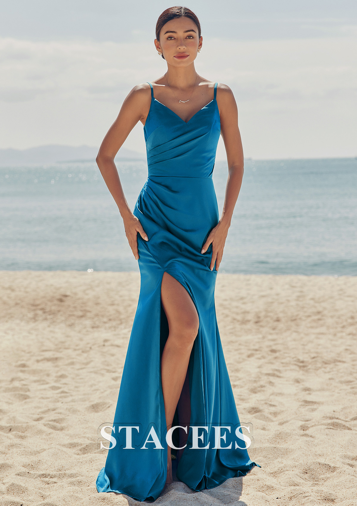 Twilight Trumpet/Mermaid V Neck Sleeveless Floor-Length Stretch Satin Bridesmaid Dress with Pleated Split