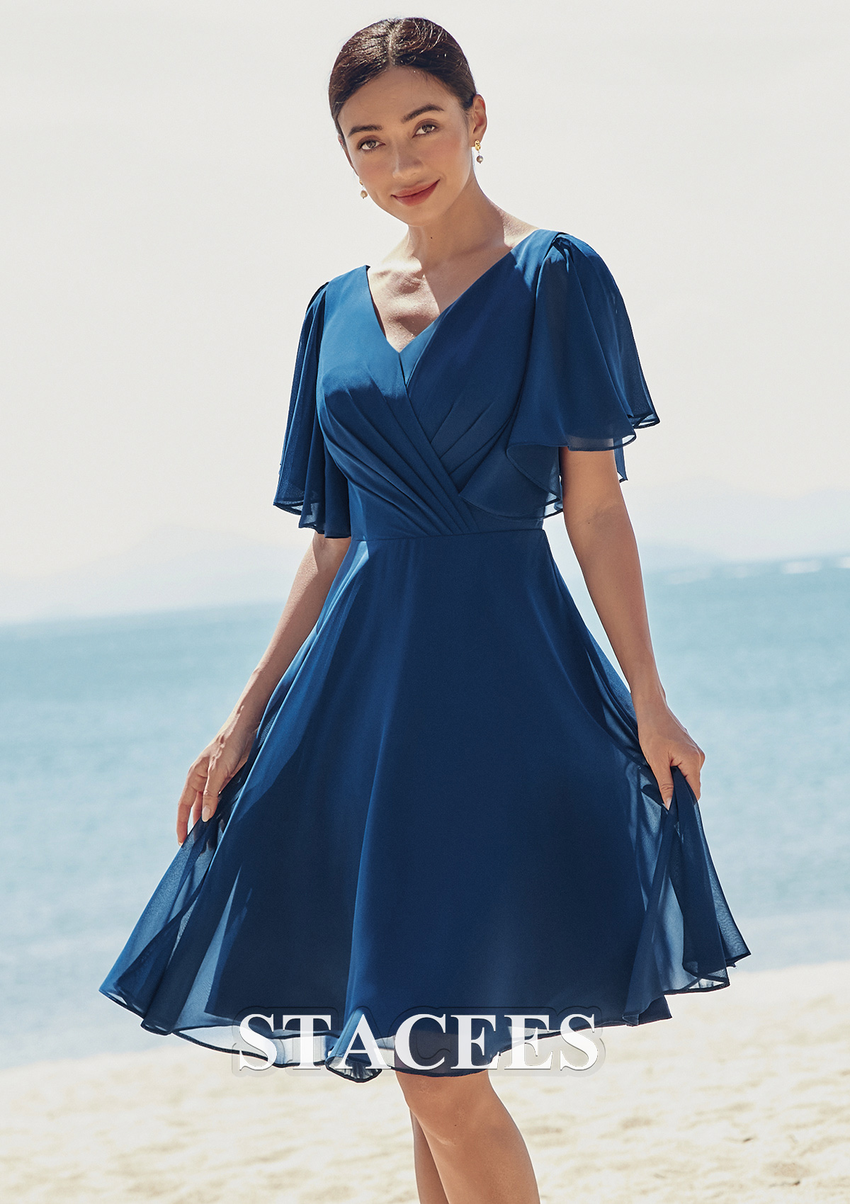 dark blue short bridesmaid dresses A-line V Neck Short Sleeve Knee-Length Chiffon Bridesmaid Dress with  Pleated Ruffles S7437B - Bridesmaid Dresses