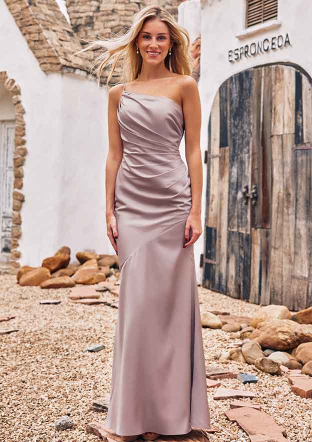 Sheath/Column One-Shoulder Sleeveless Floor-Length Stretch Satin Bridesmaid Dress with Pleated