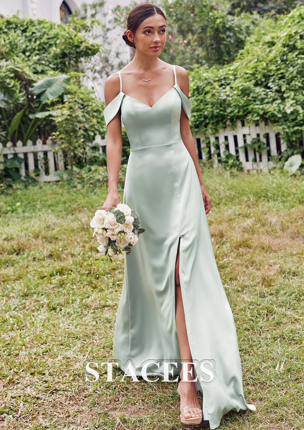 bridesmaid dresses separates Stacees Bridesmaid Dress A-line V Neck Long Stretch Satin Split