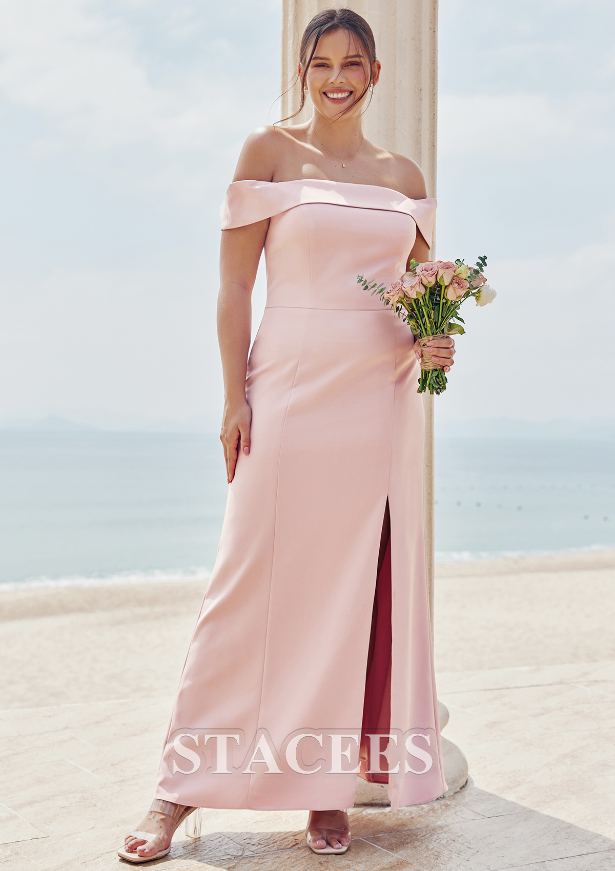 Dusty Pink Trumpet/Mermaid Off-the-Shoulder Sleeveless Floor-Length Stretch Crepe Plus Size Bridesmaid Dress