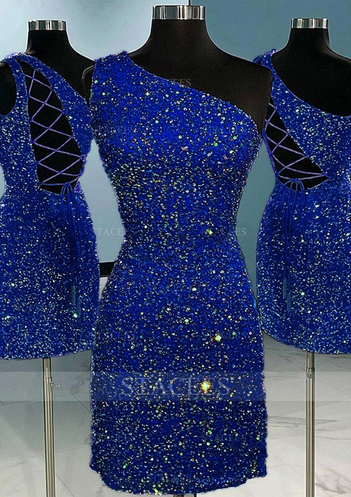As Picture Dazzling One-Shoulder Short Velvet Sequins Homecoming Dress - STACEES