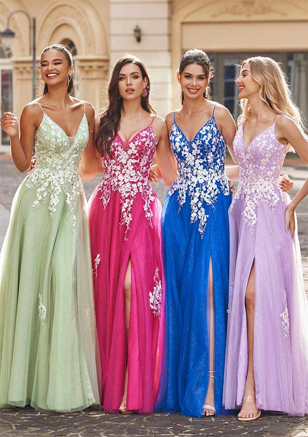 a-line/princess paillette tulle v-neck floor-length sleeveless dresses A-line Princess V Neck Sleeveless Floor-Length Tulle Prom Dress with Appliqued Sequins Glitter - Prom Dresses