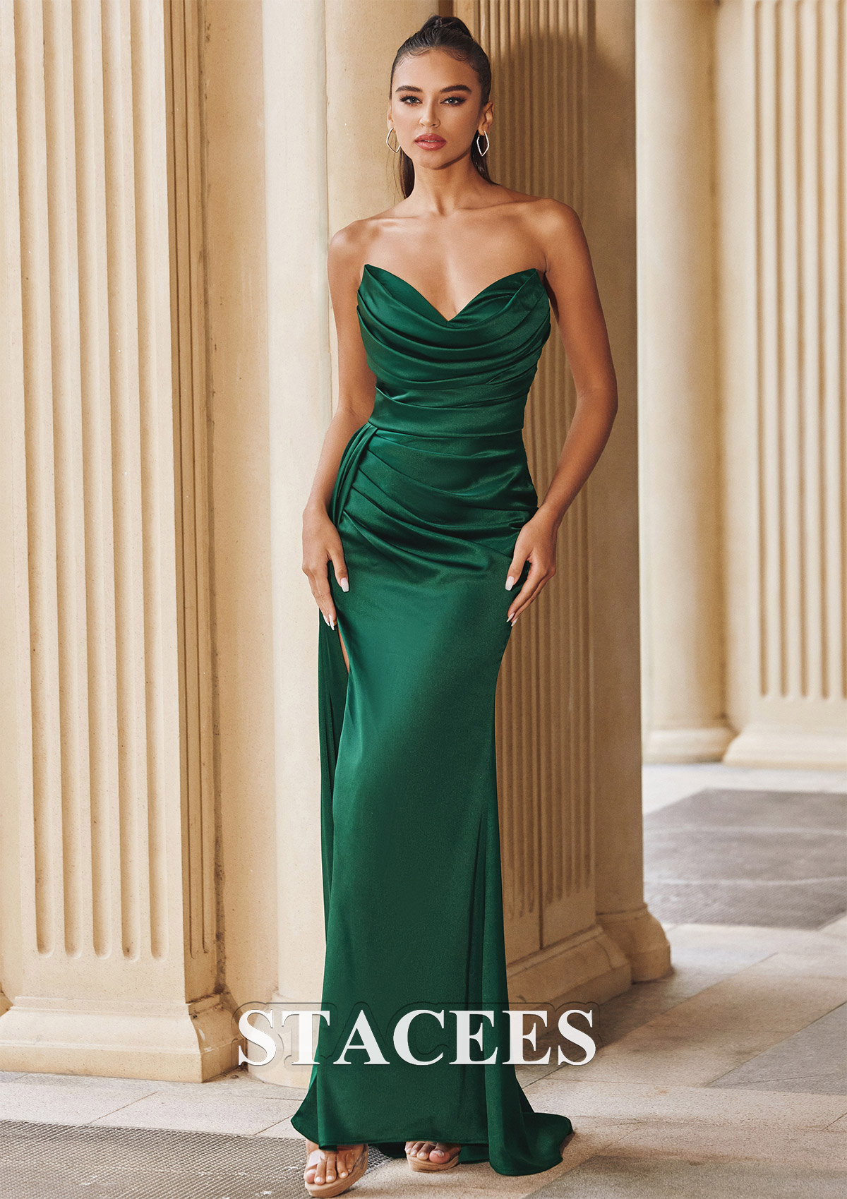 Dark Green Sheath/Column V Neck Sleeveless Sweep Train Satin Prom Dress with Pleated Side Draping Split - STACEES