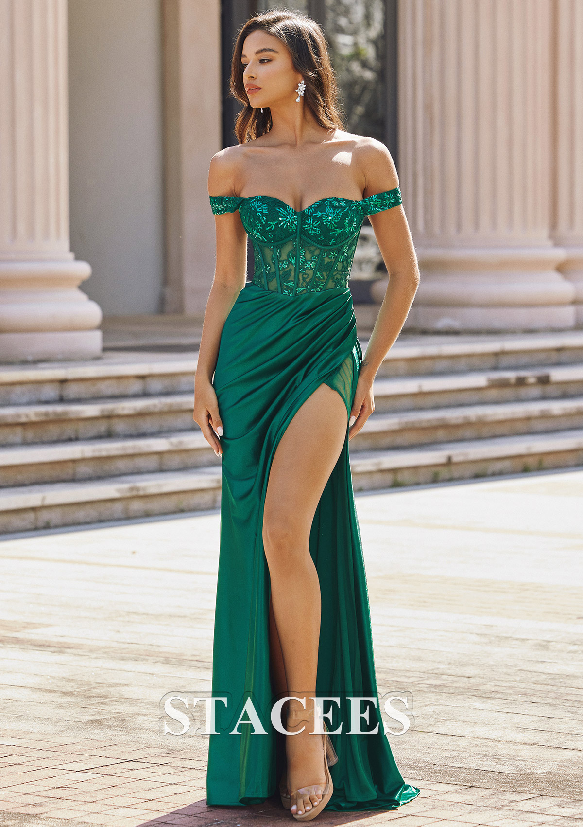 Vert Foncé Fourreau épaule dénudée soie comme du satin traîne balayage robe de bal