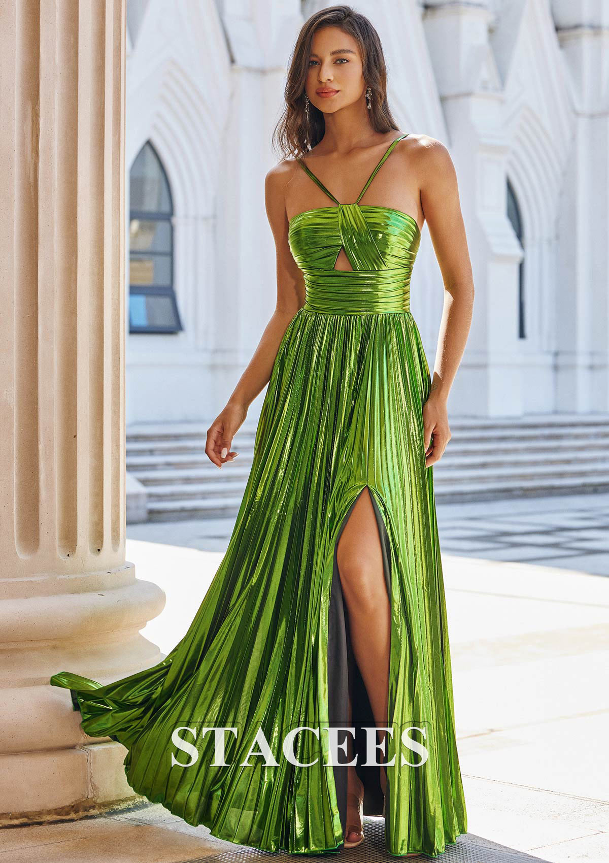 metallic pleated prom dress Strapless Long Metallic Prom Dress with Pleats Plum / 12