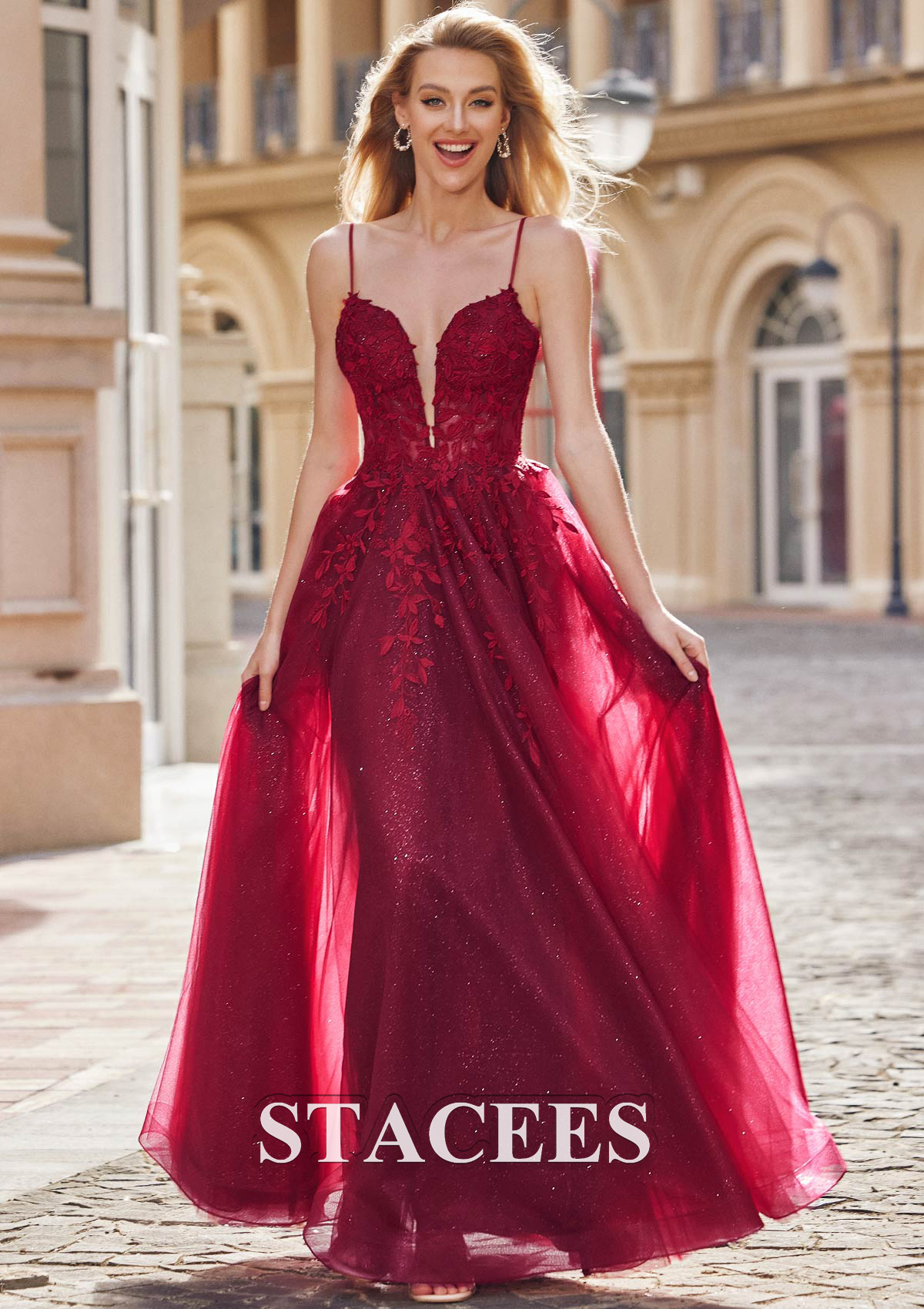 Burgundy A-line Princess V Neck Sleeveless Floor-Length Tulle Prom Dress with Appliqued Split Glitter - STACEES