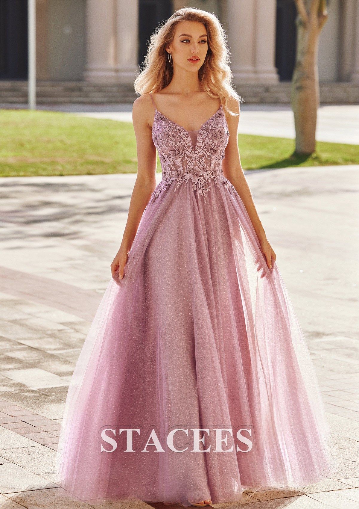 Mauve A-line V Neck Sleeveless Floor-Length Tulle Prom Dress with Appliqued Beading Glitter